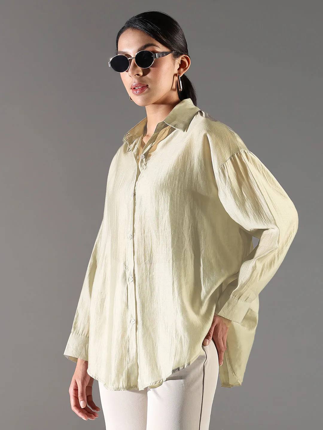 Garment Dyed Finish Women's Beige Solid Oversized Shirt