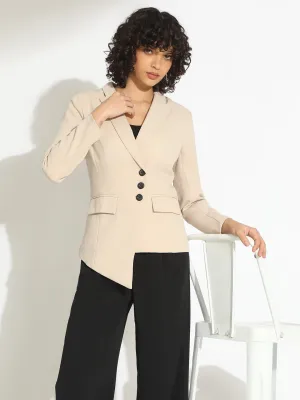 Women's Beige Tailored Blazer with Asymmetric Hem Warm Layer Option