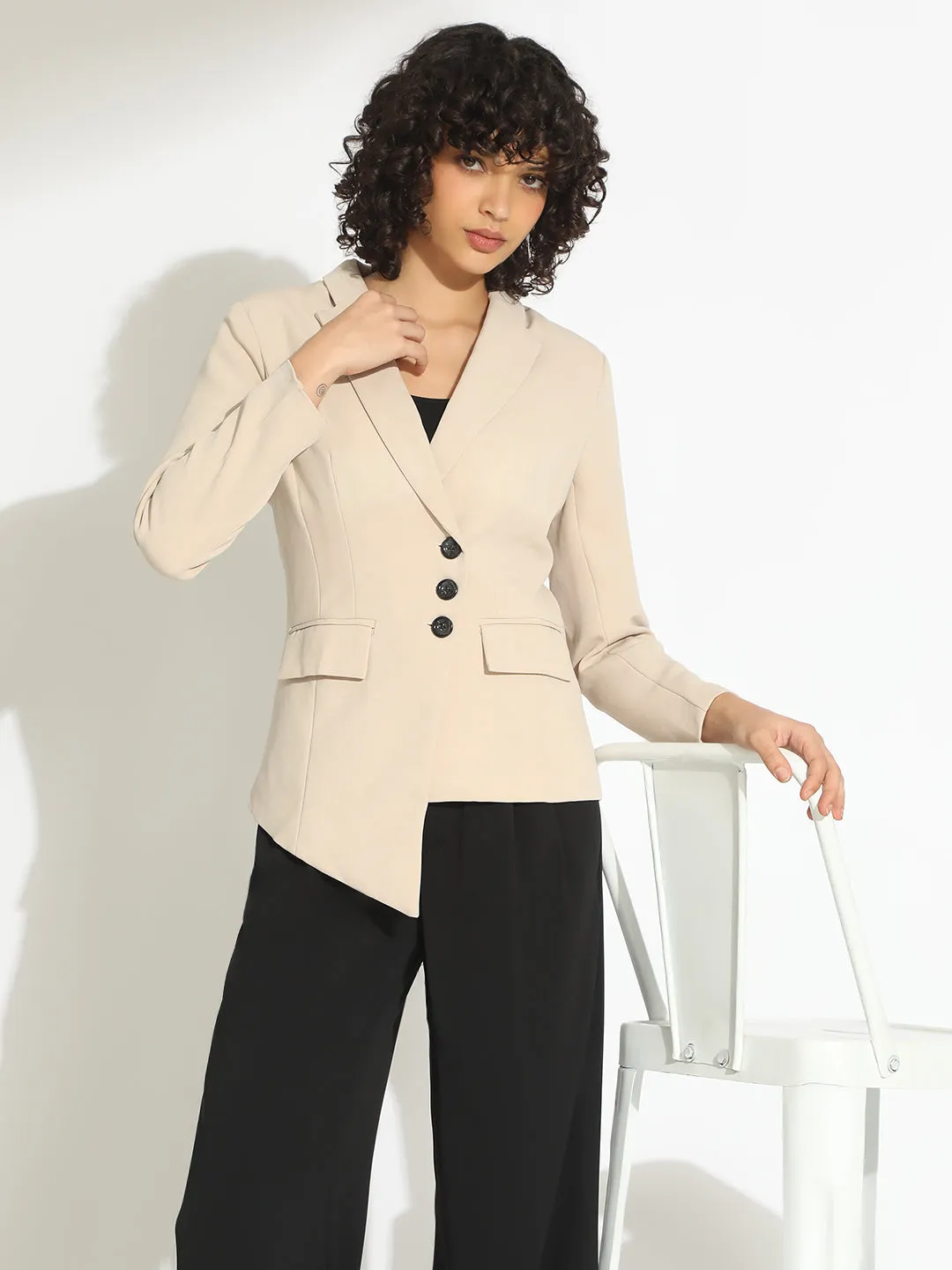 Women's Beige Tailored Blazer with Asymmetric Hem Warm Layer Option