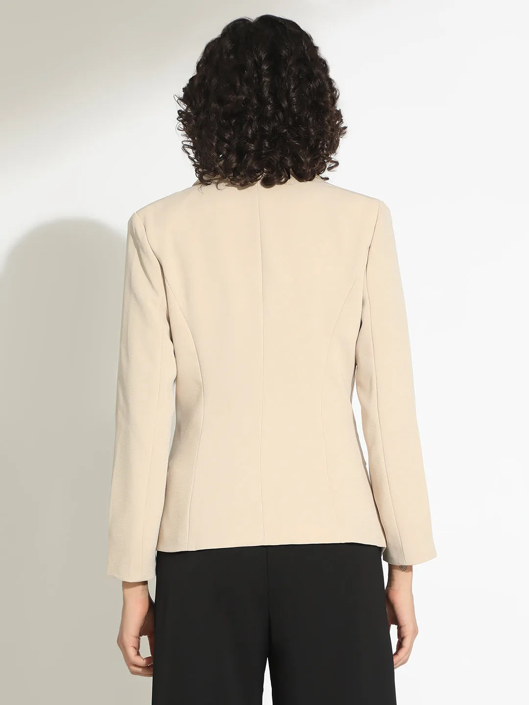 Elastic Hem Adjustment All Weather Piece Women's Beige Tailored Blazer with Asymmetric Hem
