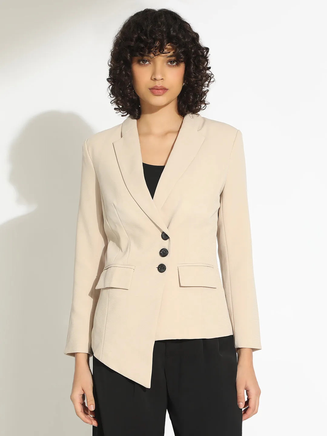 Women's Beige Tailored Blazer with Asymmetric Hem Moisture Wicking Inner