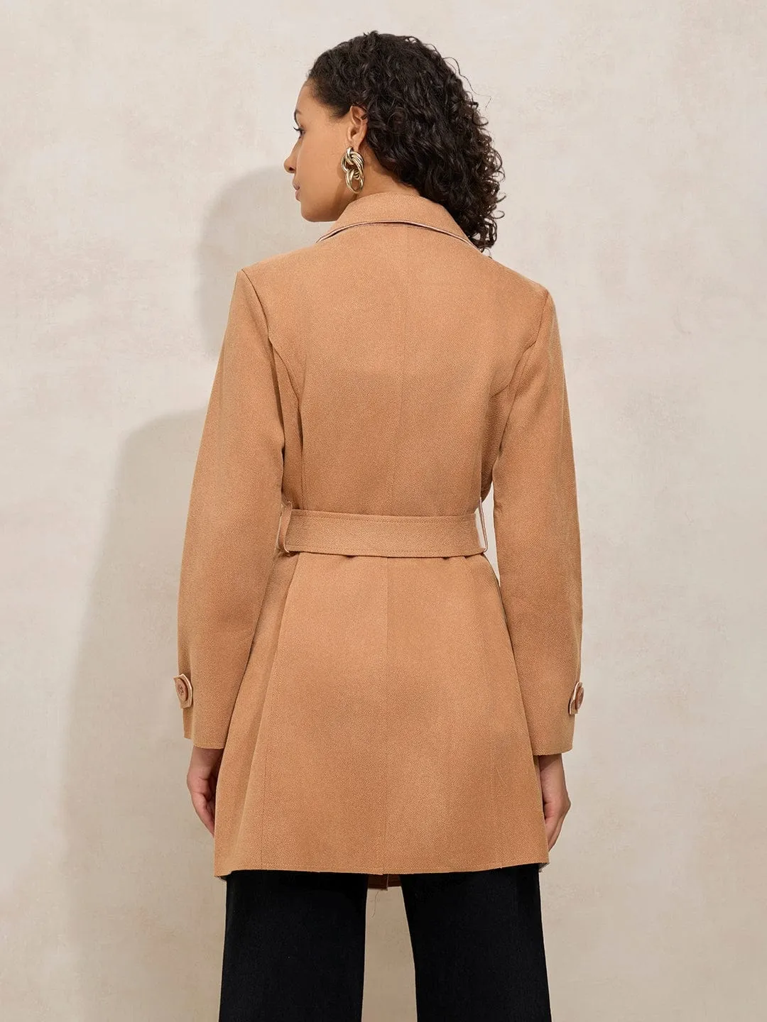 Women's Beige Trench Coat with Shoulder Flaps Articulated Knees ElasticCuffs