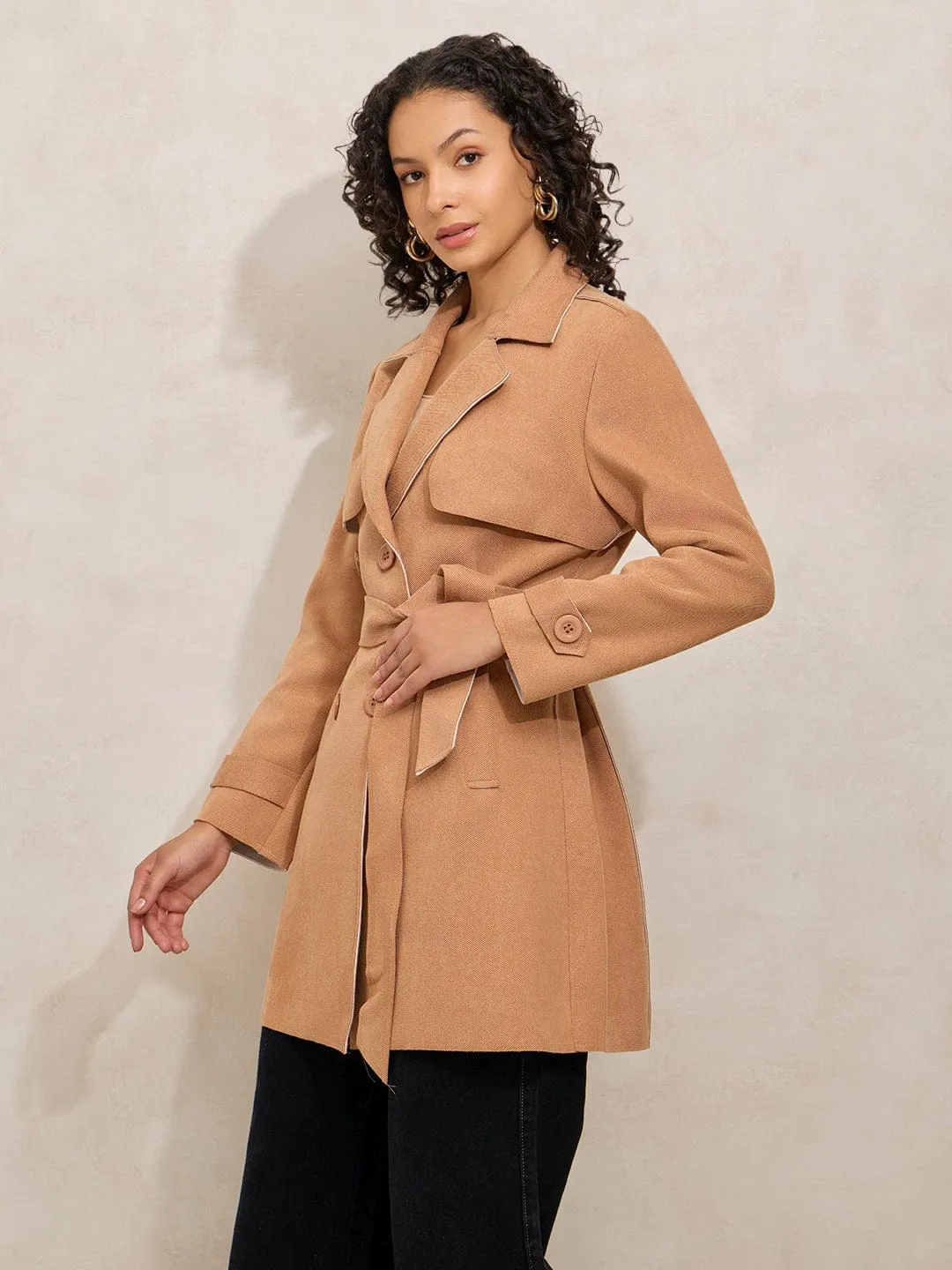 Women's Beige Trench Coat with Shoulder Flaps Classic Zip Up Adventure Day Look