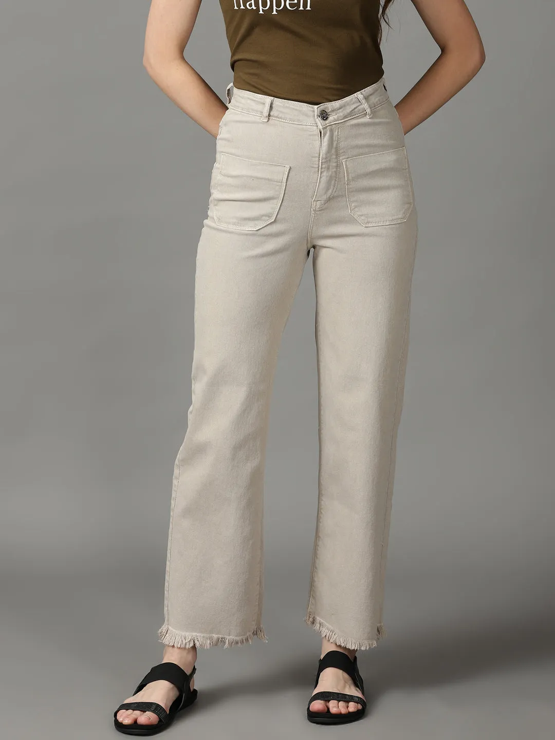 Textured Versatile Shopping Day Women's Beige Wide Leg High-Rise Stretchable Cotton Jeans