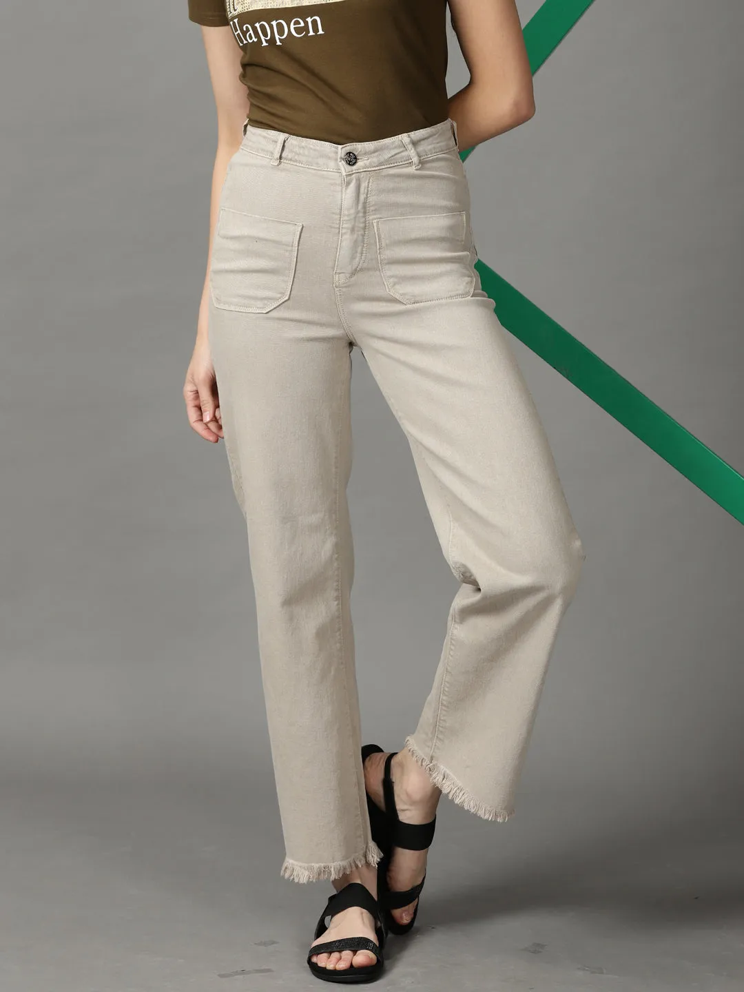 Movement Friendly Spring Mood Party Look Classic Women's Beige Wide Leg High-Rise Stretchable Cotton Jeans