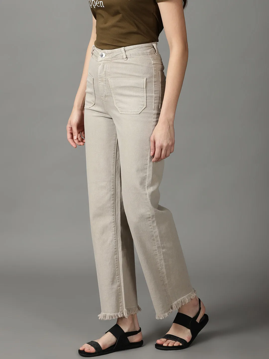 Soft Touch Women's Beige Wide Leg High-Rise Stretchable Cotton Jeans