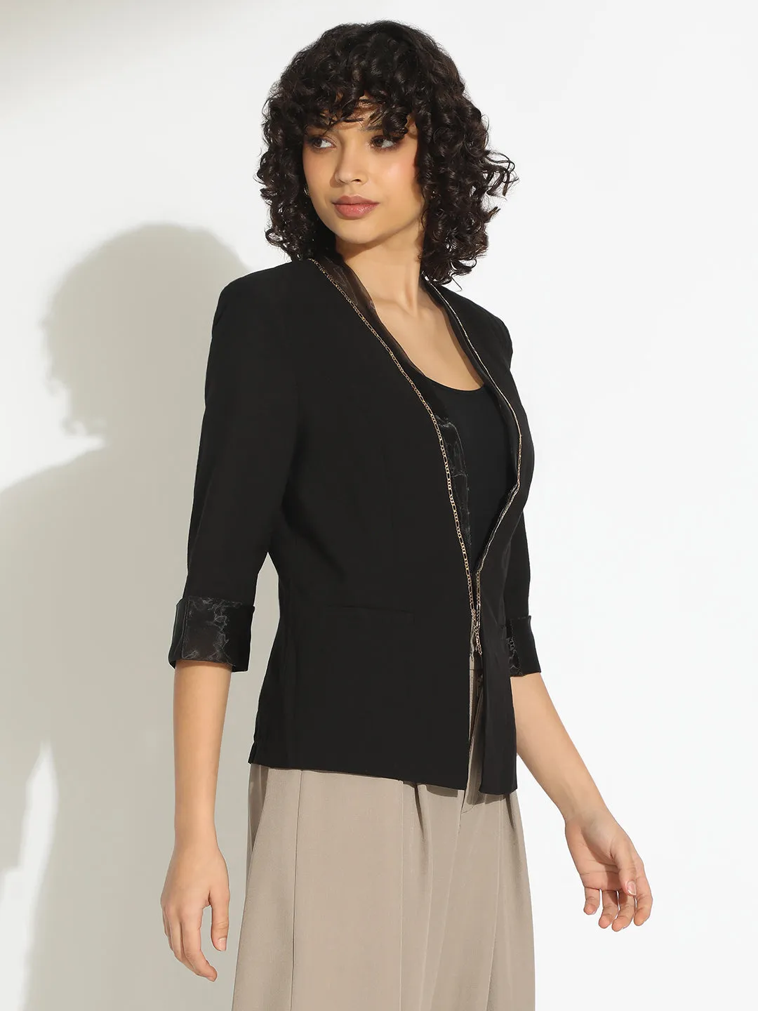 All Season Adaptability Women??s Black 3/4 Sleeve Blazer with Contrast Lapel and Cuff Finish
