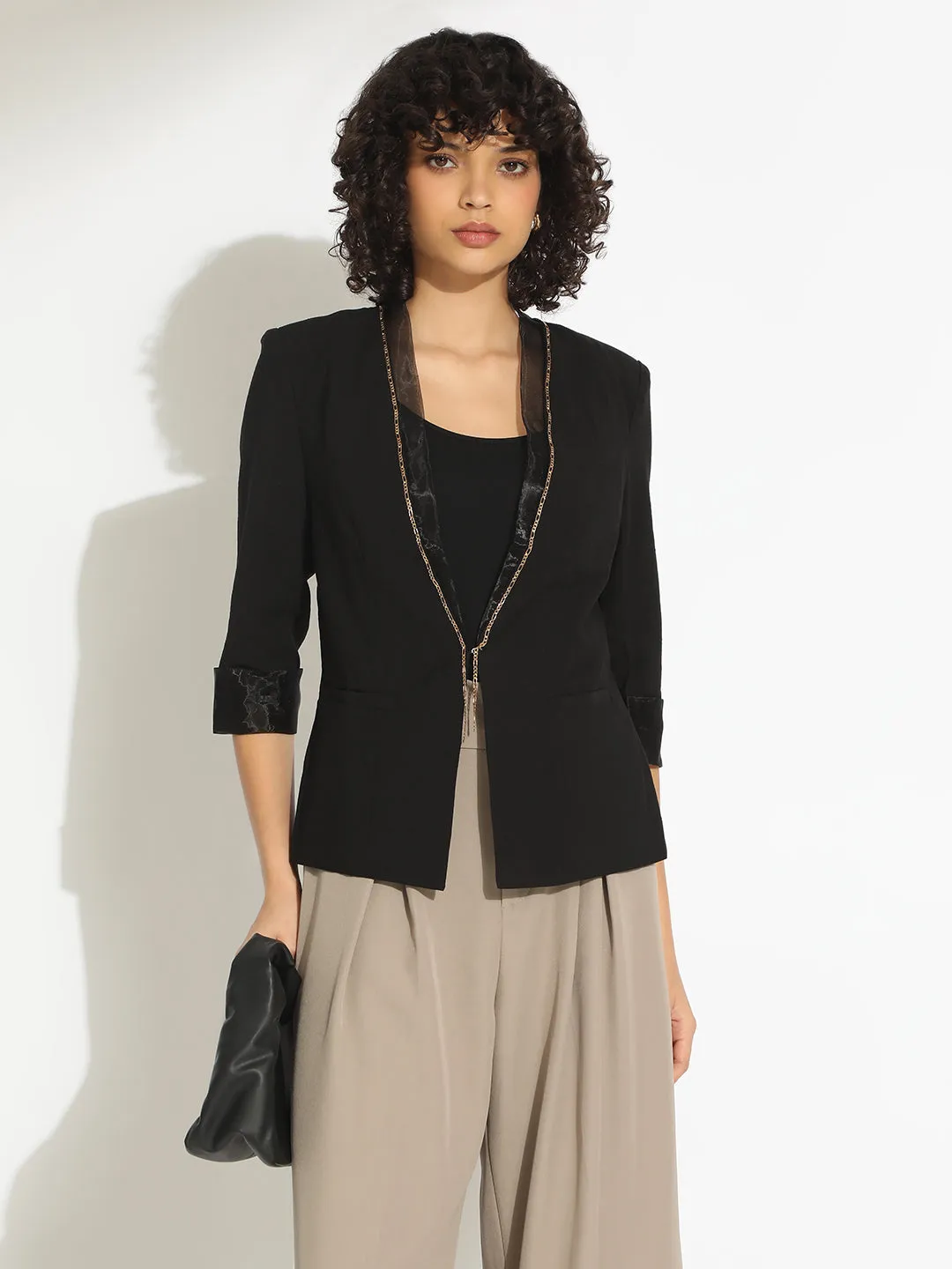Practical Everyday Fit Women??s Black 3/4 Sleeve Blazer with Contrast Lapel and Cuff Finish