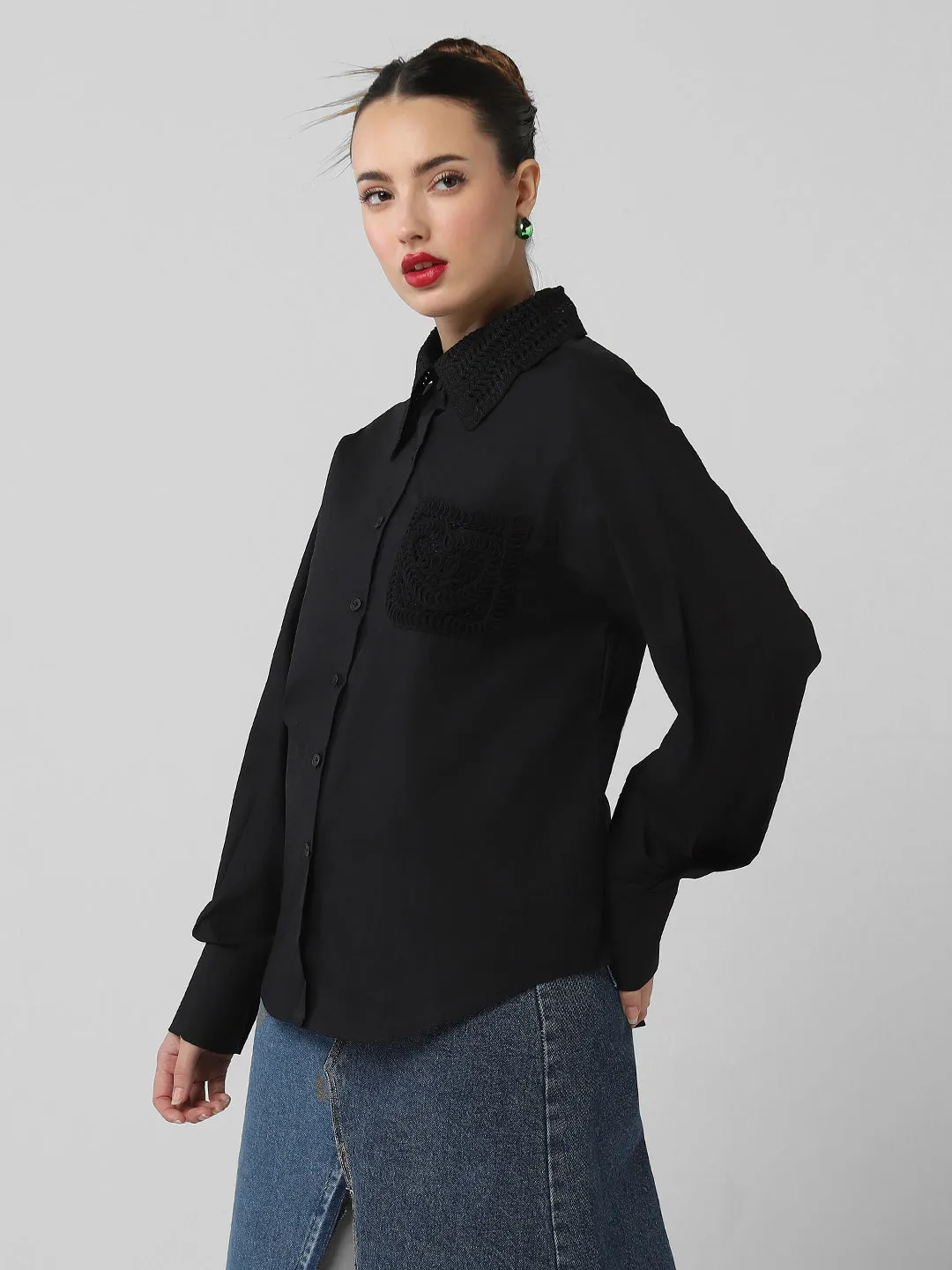 Sporty Look Wear Women's Black Comfort Oversized Fit Spread Collar Solid Cotton Casual Shirt