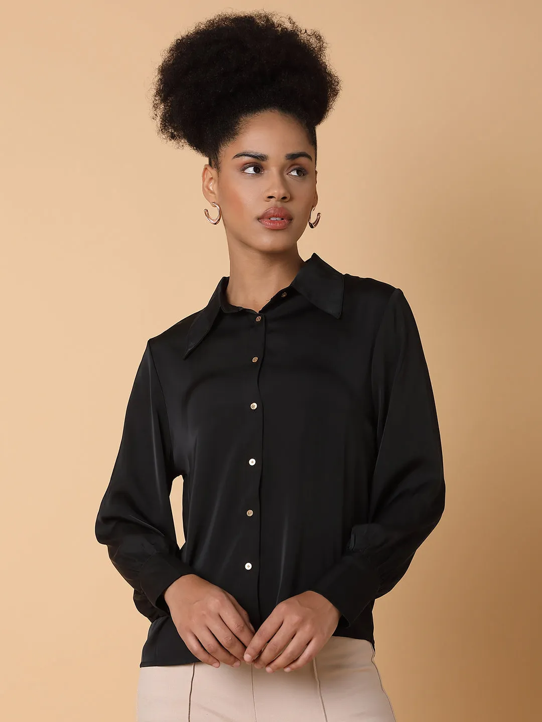 Women's Black Comfort Spread Collar Solid Satin Casual Shirt Oversized Silhouette Quality Comfort