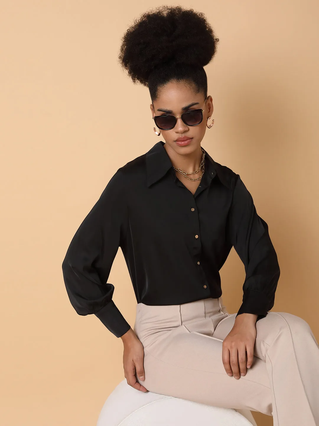 Soft And Comfortable Women's Black Comfort Spread Collar Solid Satin Casual Shirt