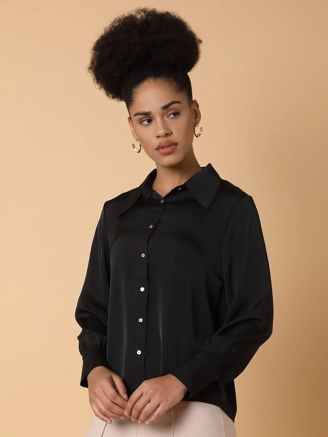 Women's Black Comfort Spread Collar Solid Satin Casual Shirt Weekend Style Trend