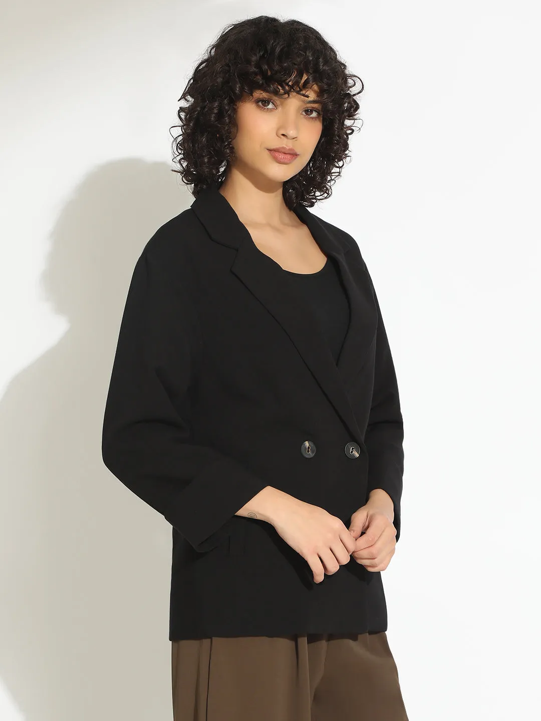 Women's Black Double-Breasted Blazer with Shoulder Pads Enhanced Edge Binding NoiseFreeMaterial