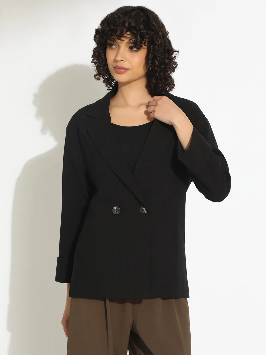 ElasticizedWaistbandSystem Women's Black Double-Breasted Blazer with Shoulder Pads