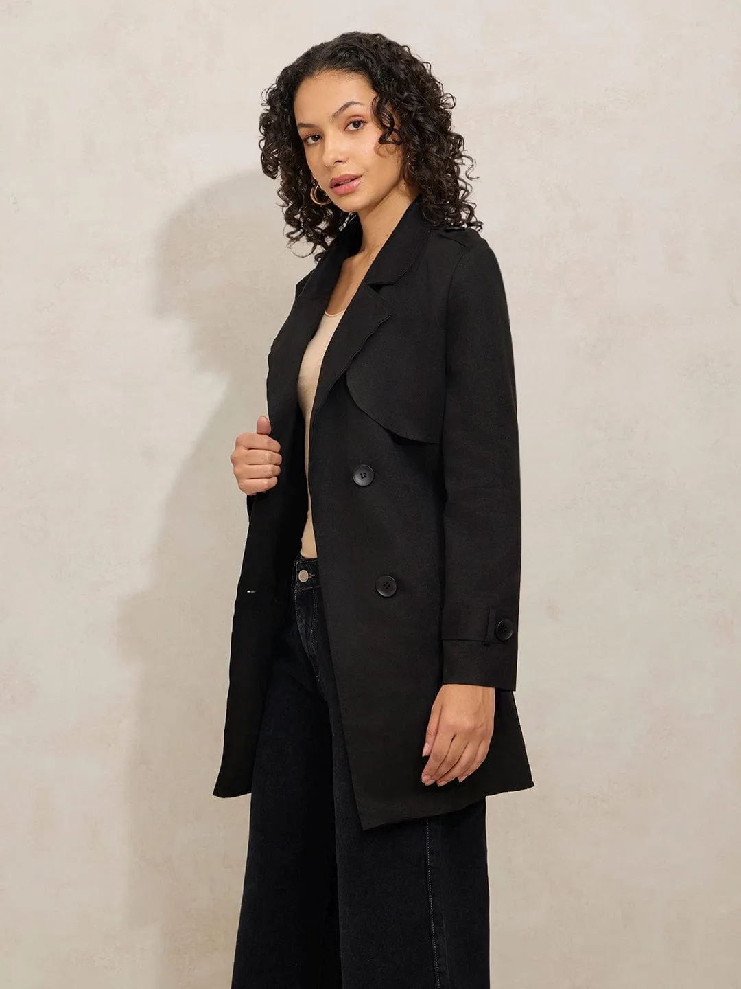 Women's Black Double Breasted Trench Coat with Belt RibbedKnitCollar