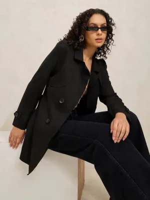 Women's Black Double Breasted Trench Coat with Belt Faux Fur Collar