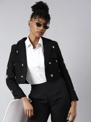 Neutral Look Women's Black Embellished Single-Breasted Cotton Crop Blazer