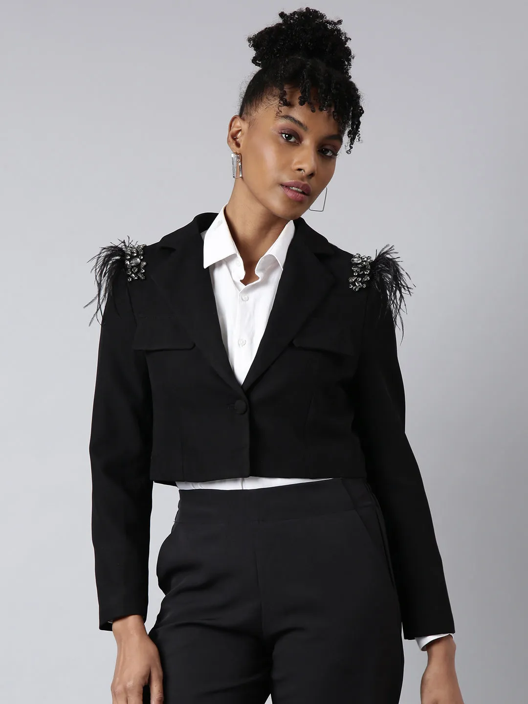 Non Restrictive Movement Practical Everyday Fit Women's Black Embellished Single-Breasted Cotton Crop Blazer