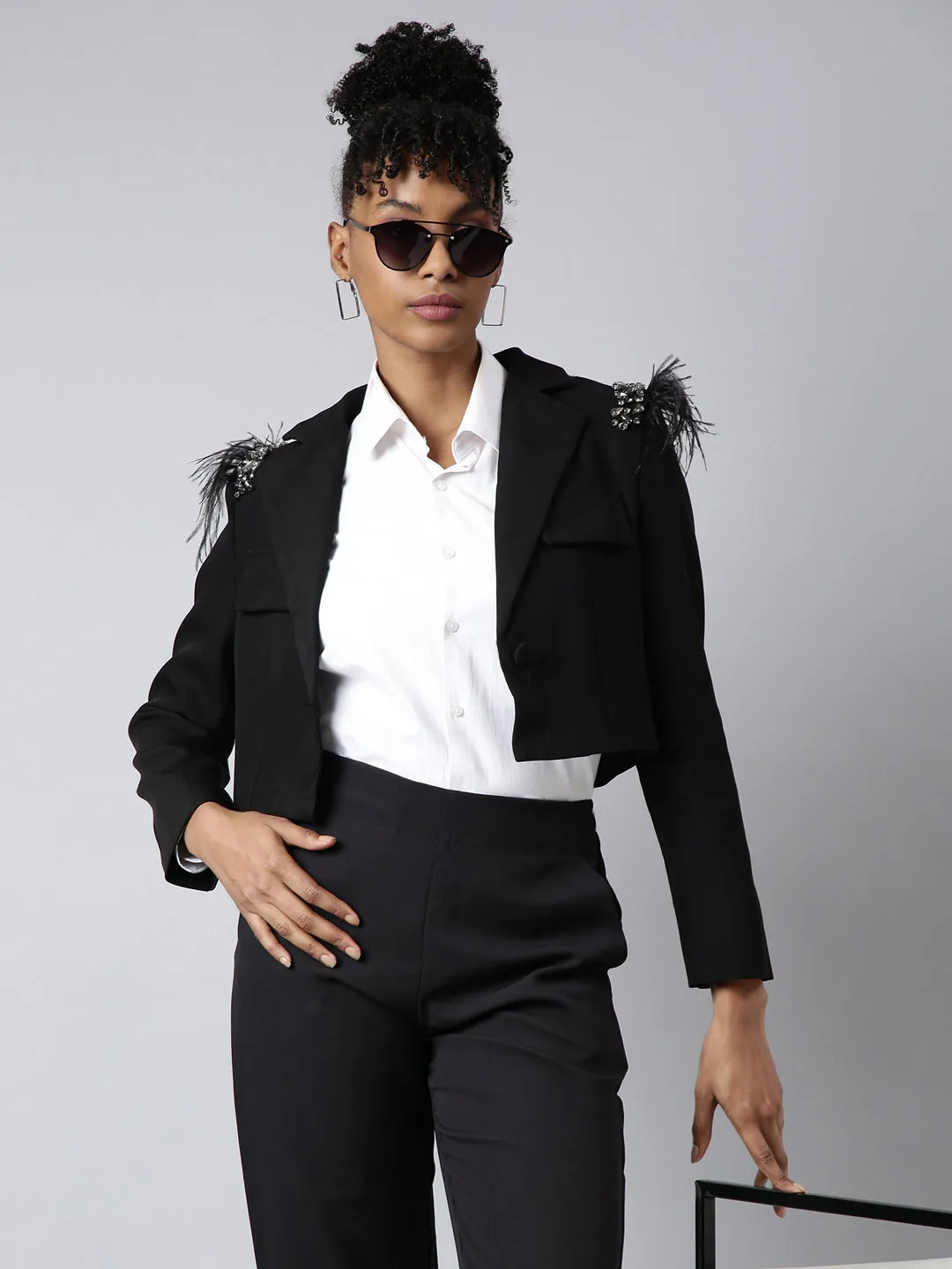 hypoallergenic material mesh ventilation Women's Black Embellished Single-Breasted Cotton Crop Blazer