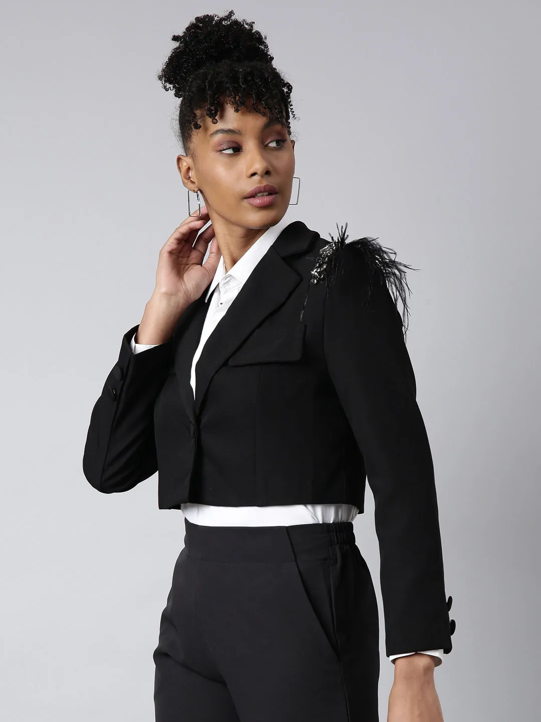 Women's Black Embellished Single-Breasted Cotton Crop Blazer Flexible Material