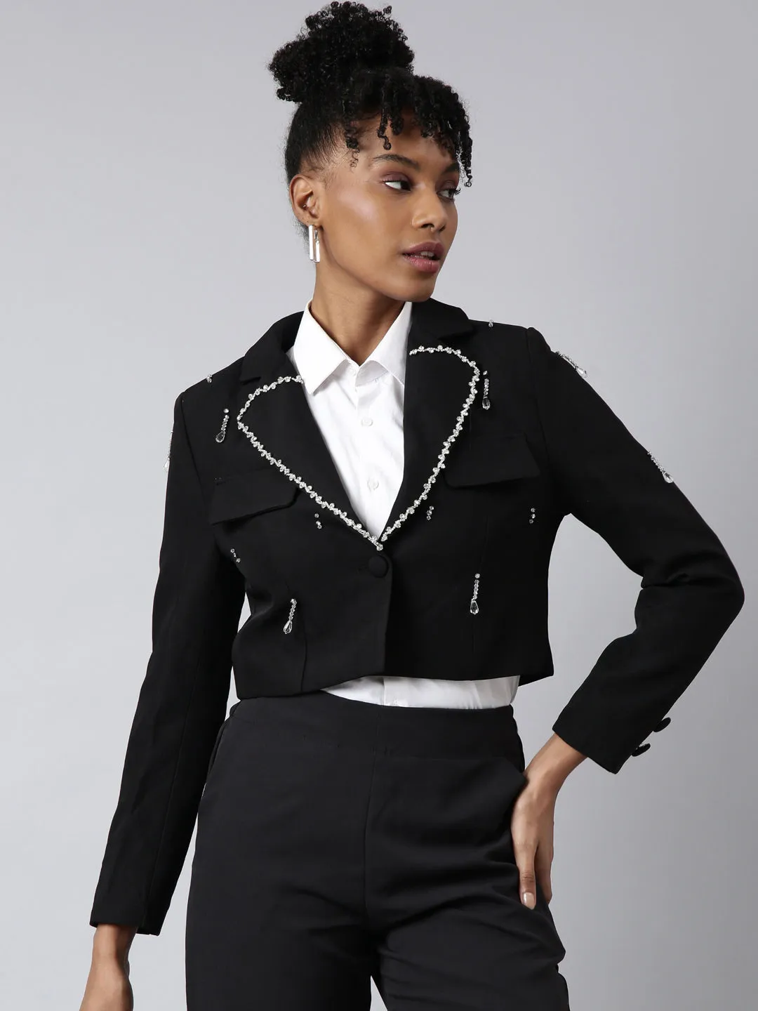 Women's Black Embellished Single-Breasted Cotton Crop Blazer Casual Comfy Layer Tear Resistant Fabric