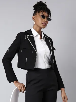 Light Reflectivity Trim Aramid Fiber Reinforcement Women's Black Embellished Single-Breasted Cotton Crop Blazer