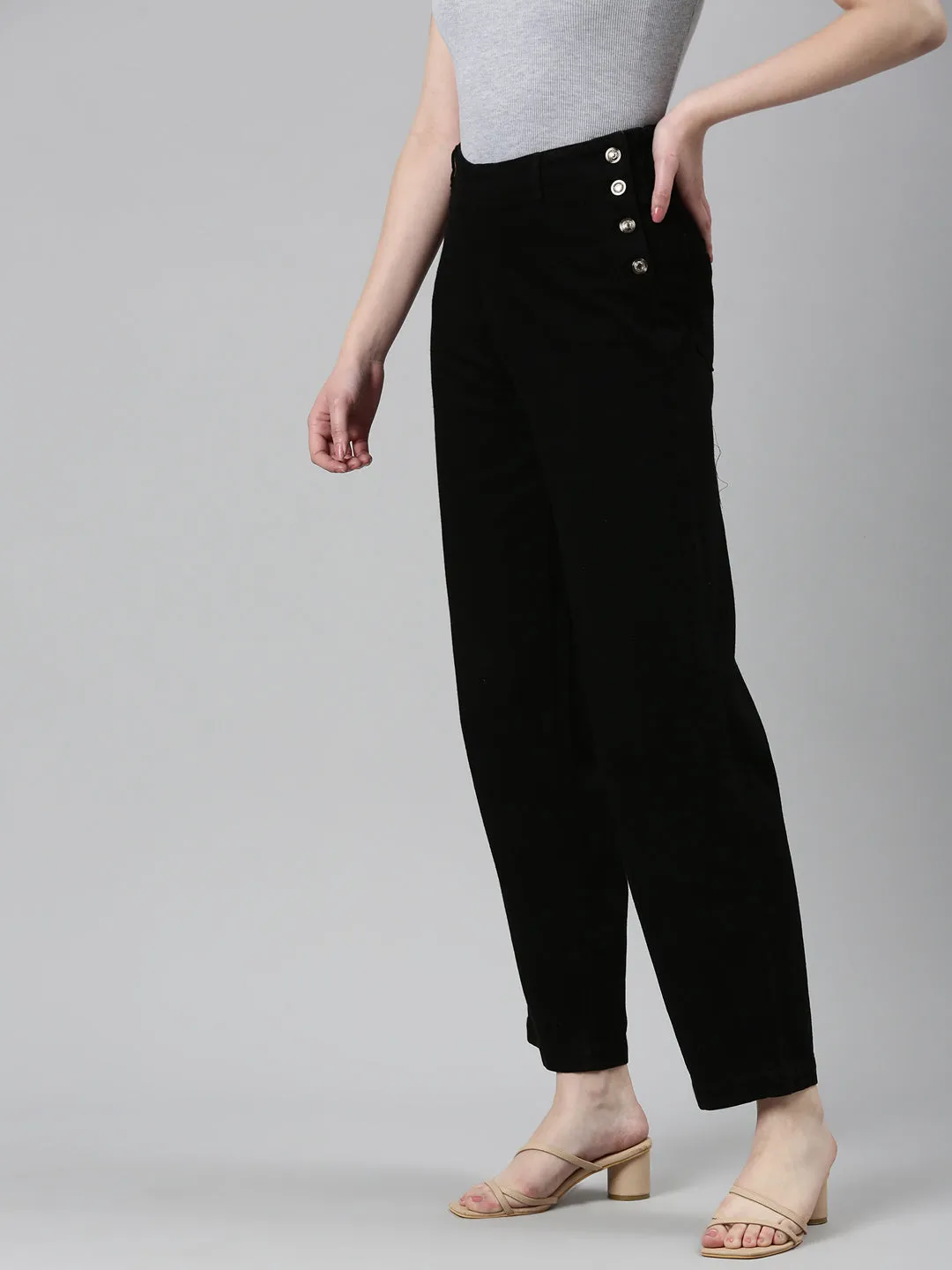 Contemporary Waist Heavyweight Denim Women's Black High-Rise Cotton Wide Leg Denim Jeans