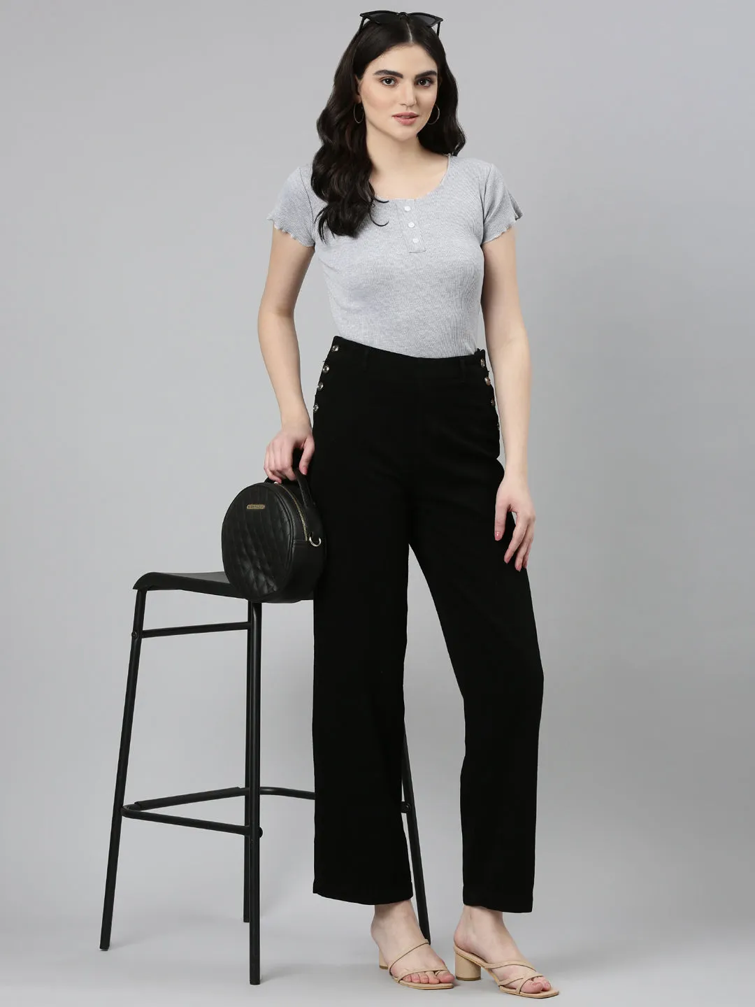 Always Needed Tailored Design Women's Black High-Rise Cotton Wide Leg Denim Jeans