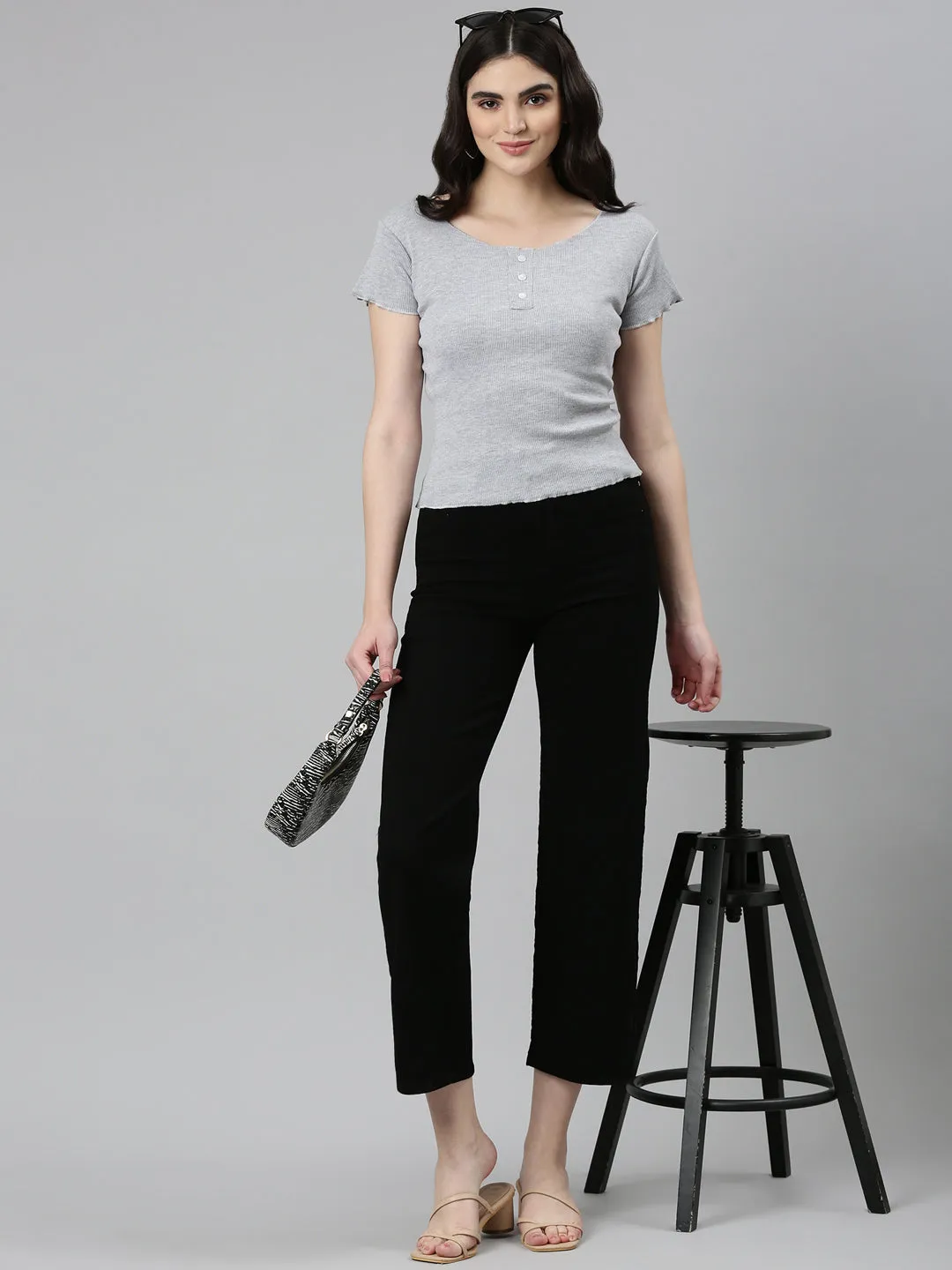 Women's Black Jean Acid Wash Wide Leg Mid-Rise Denim Jeans Professional Wear Artist Vibe