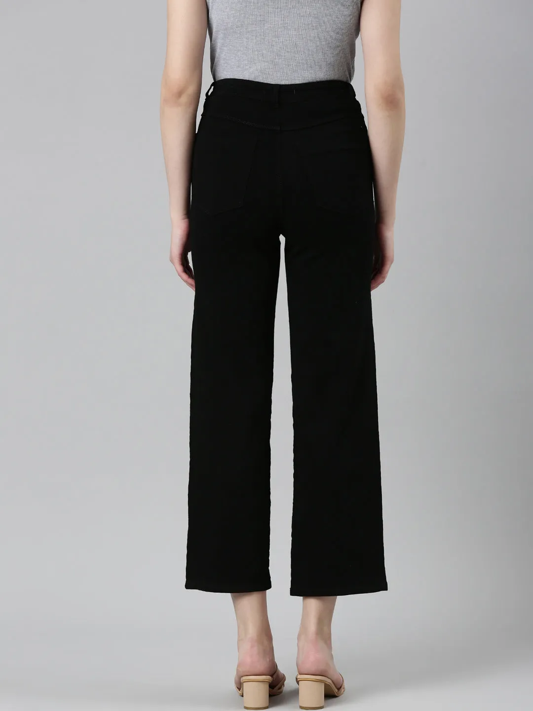 Women's Black Jean Acid Wash Wide Leg Mid-Rise Denim Jeans Sporty Comfort Adjustable Belt Loops