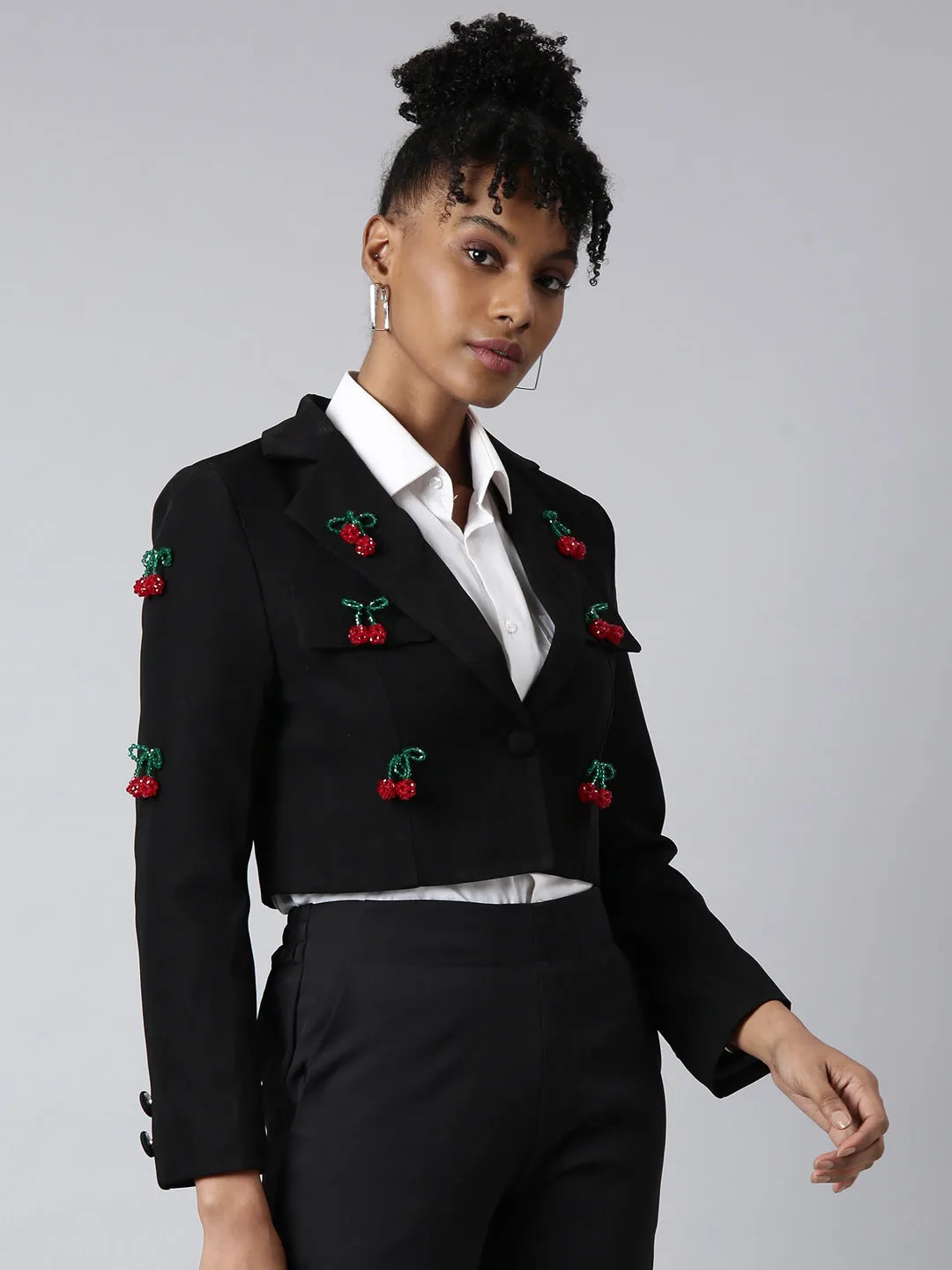 Stowable Hood Temperature Regulating Fill Women's Black Lapel Long Sleeves Single Breasted Cotton Blazer