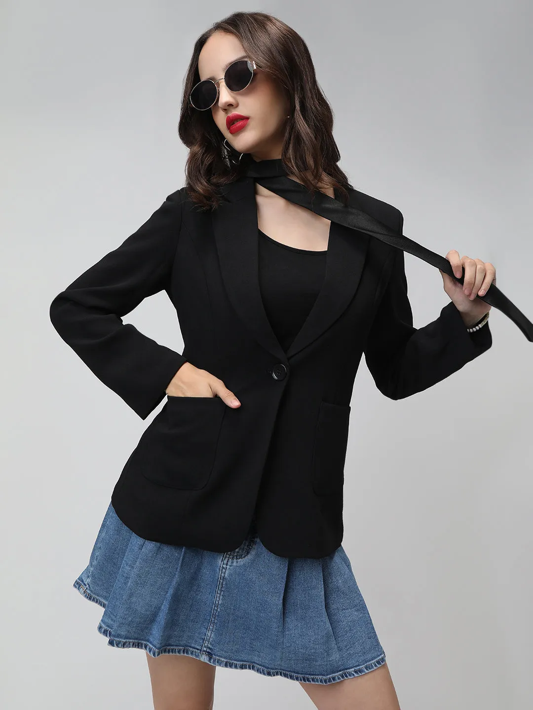 Women's Black Long Sleeves Blazer UV Protective Eco Conscious Production