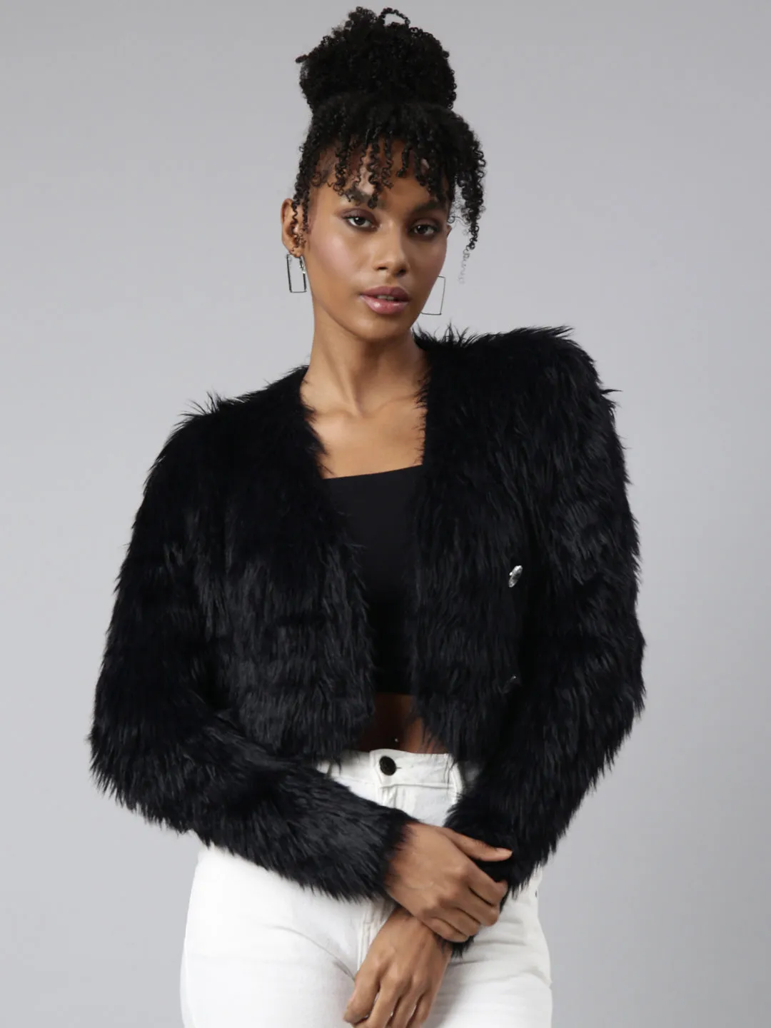 Women's Black Long Sleeves V Neck Crop Front Open Sweater Core Style Street Comforted