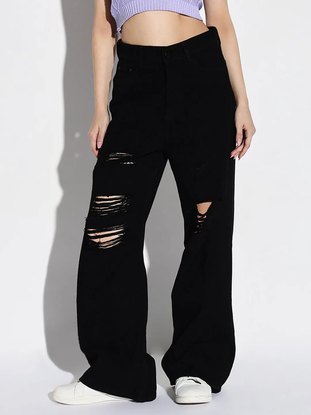 Sharp Comfort Responsible Denim Production Women's Black Mid-Rise Comfort Wide Leg Highly Distressed Acid Wash Stretchable Jeans