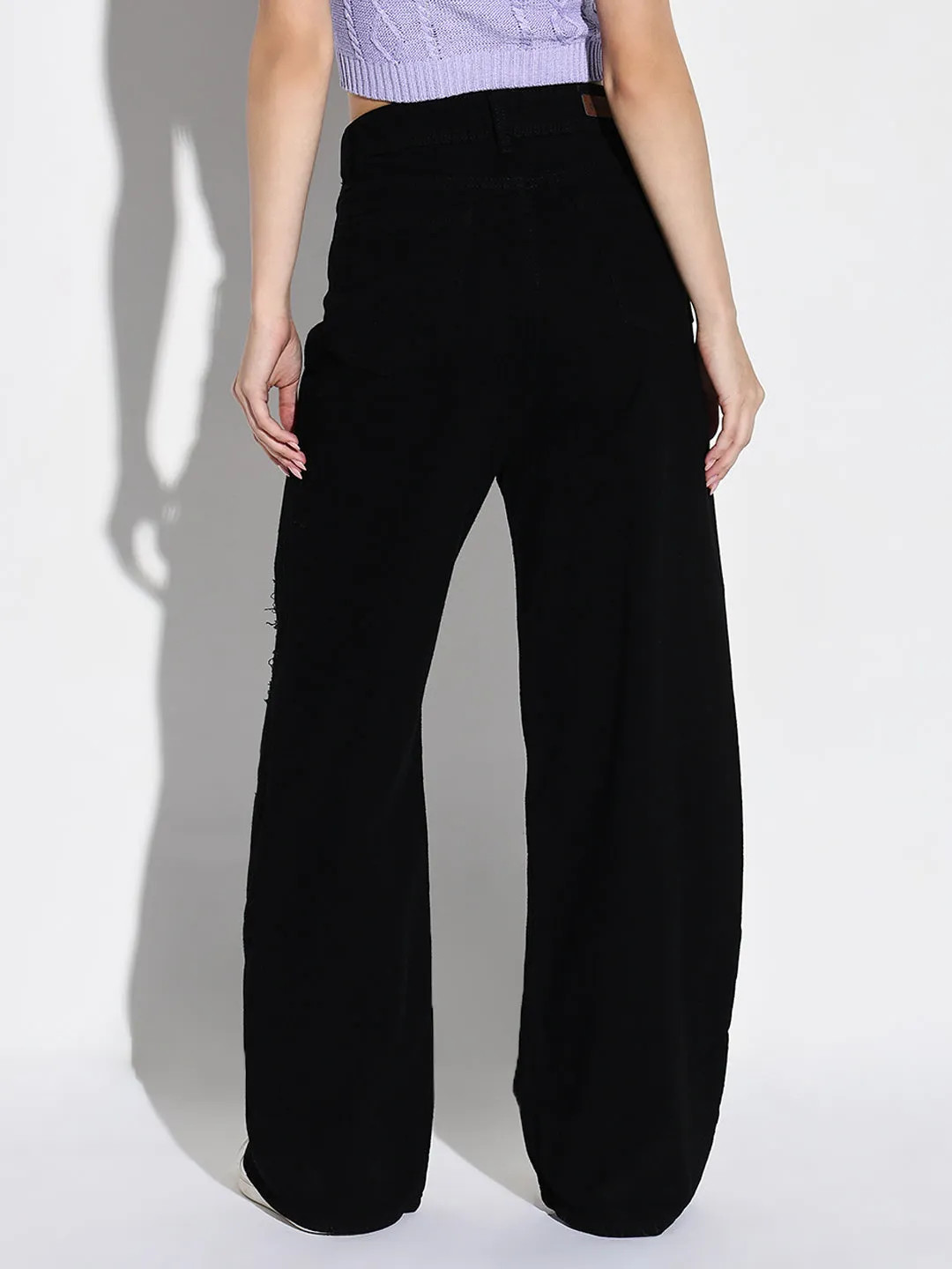 Chic Appearance Women's Black Mid-Rise Comfort Wide Leg Highly Distressed Acid Wash Stretchable Jeans