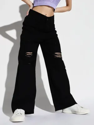 Casual Staple Women's Black Mid-Rise Comfort Wide Leg Highly Distressed Acid Wash Stretchable Jeans