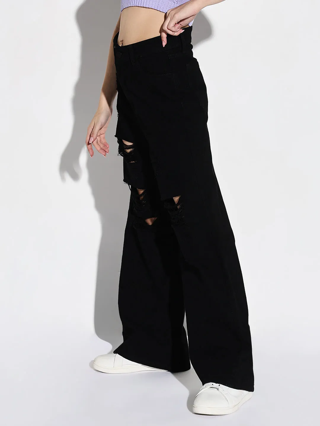 Trendy Wear Fast Match Women's Black Mid-Rise Comfort Wide Leg Highly Distressed Acid Wash Stretchable Jeans