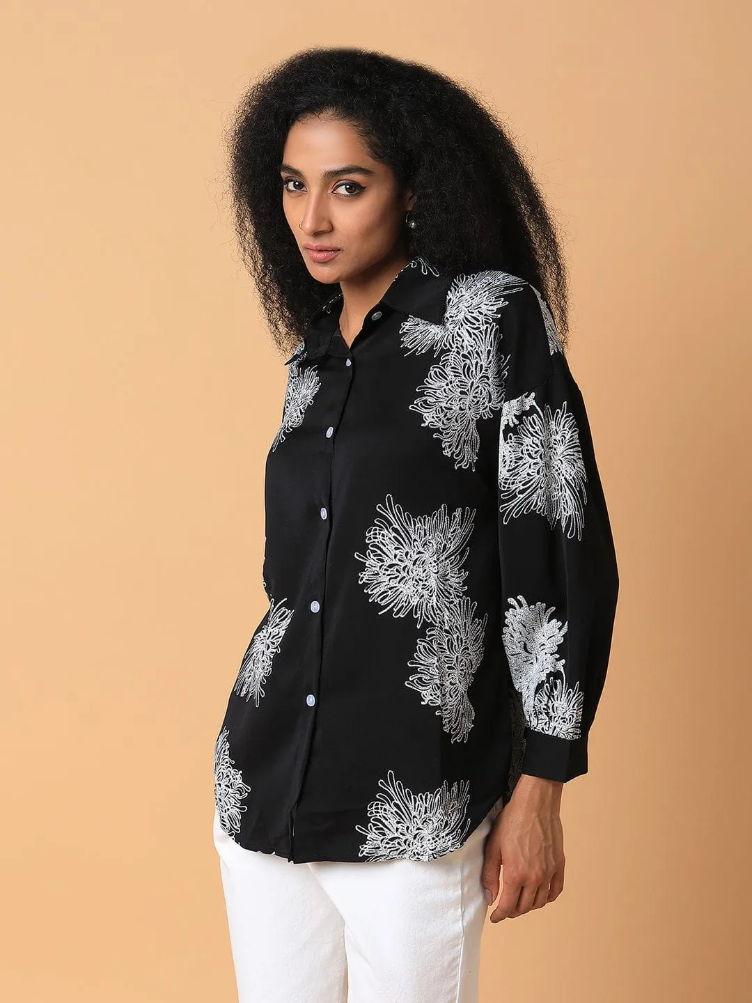 Women's Black Relaxed Boxy Floral Opaque Printed Casual Shirt contrast Chill Comfort Wear
