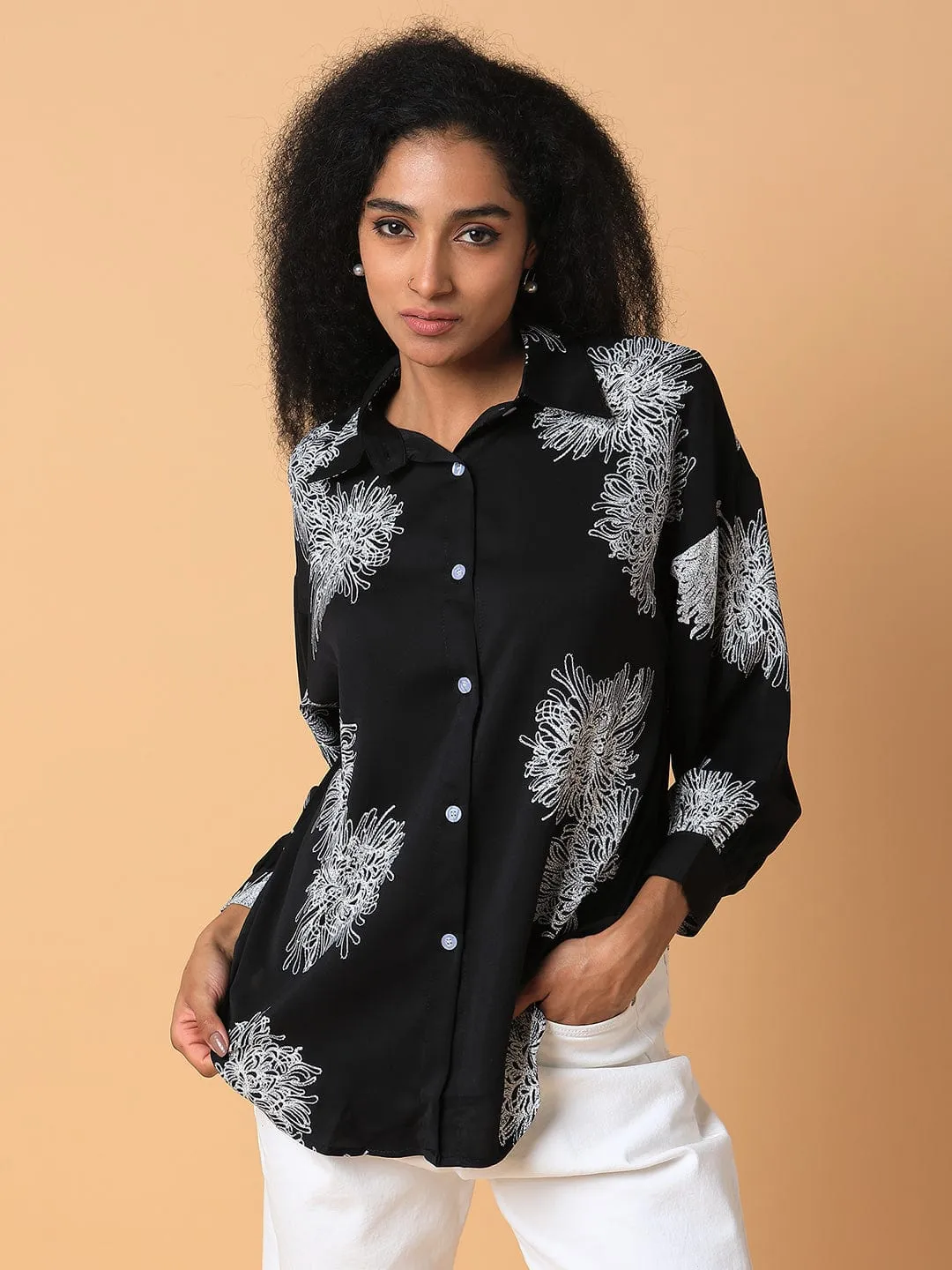 Business Meeting Comfortable and stylish Women's Black Relaxed Boxy Floral Opaque Printed Casual Shirt