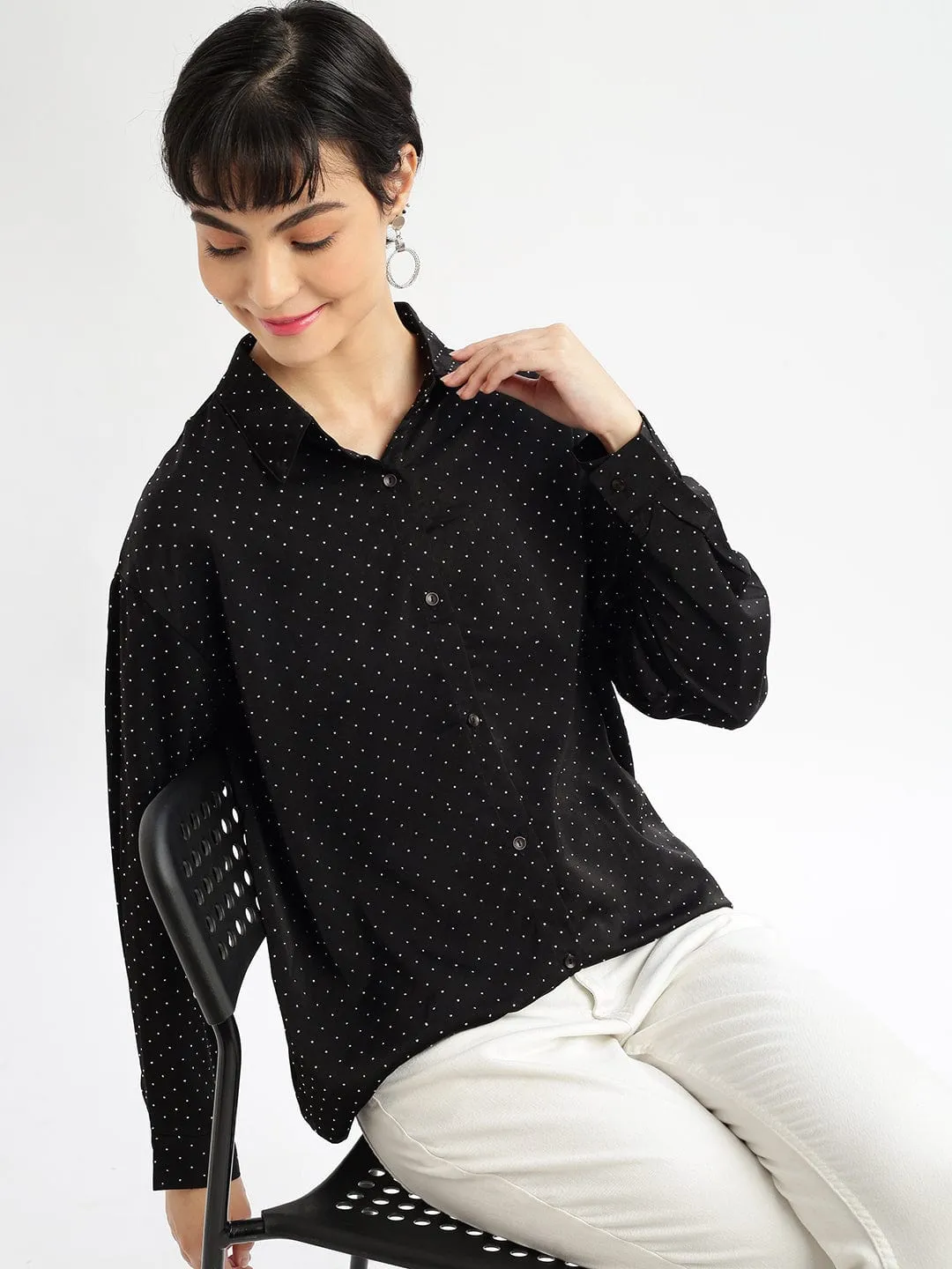 Workout Modern Twist Women's Black Relaxed Polka Dot Opaque Casual Shirt
