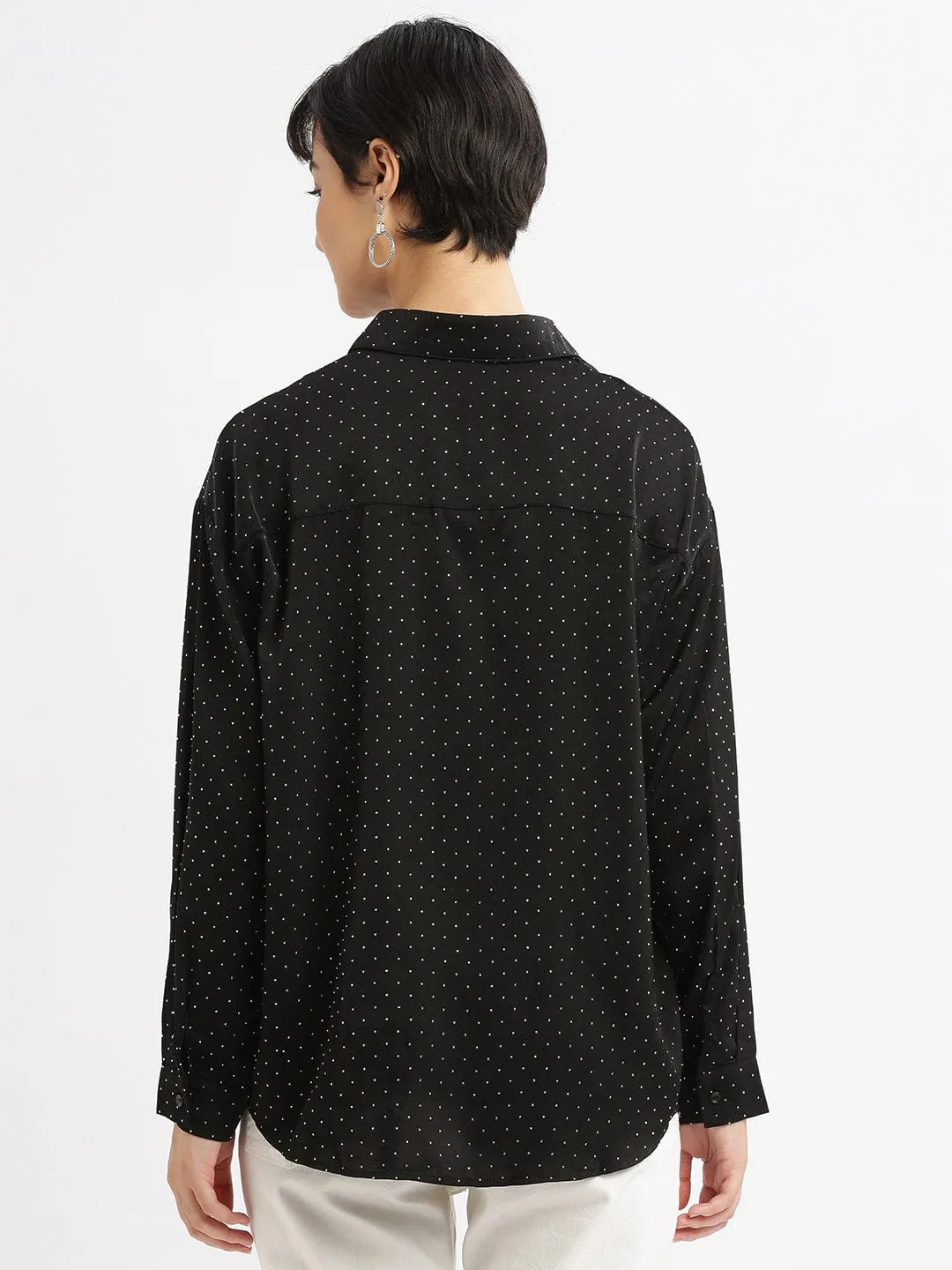 Breathable Comfort Design Women's Black Relaxed Polka Dot Opaque Casual Shirt