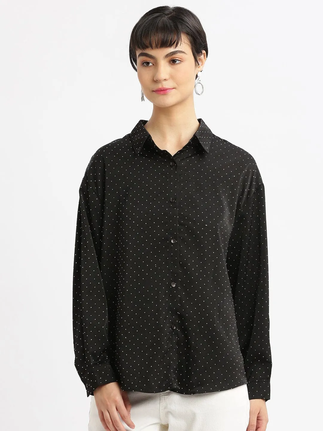 Women's Black Relaxed Polka Dot Opaque Casual Shirt Cozy Fit Wear