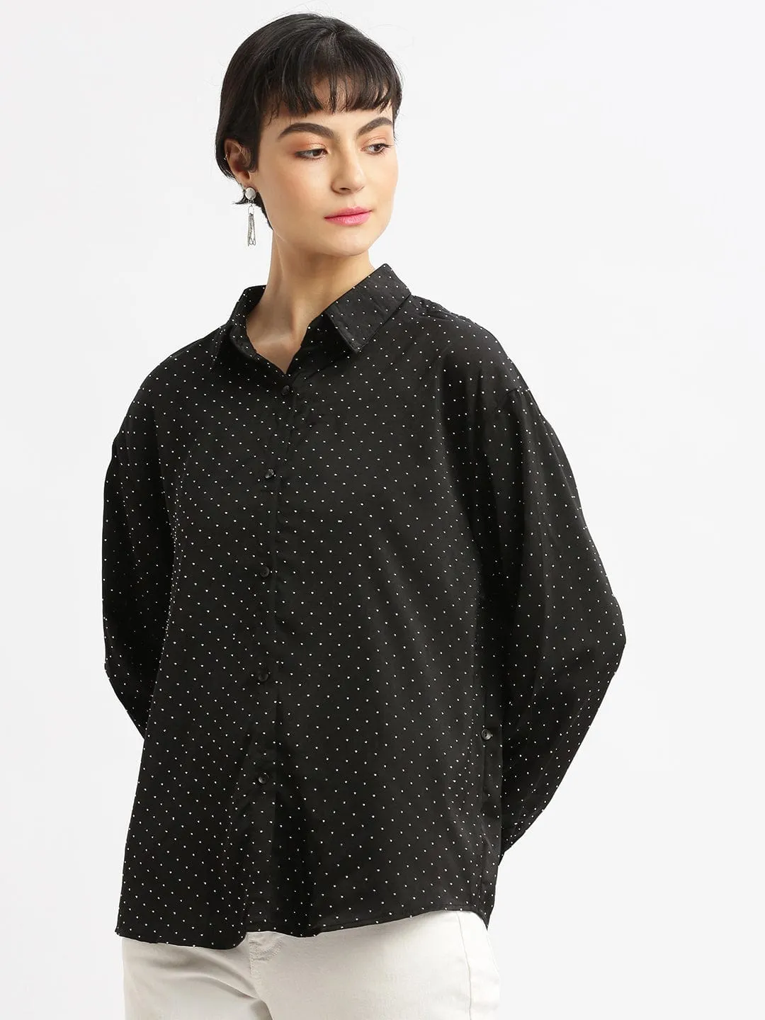 Women's Black Relaxed Polka Dot Opaque Casual Shirt Active Comfort Wear