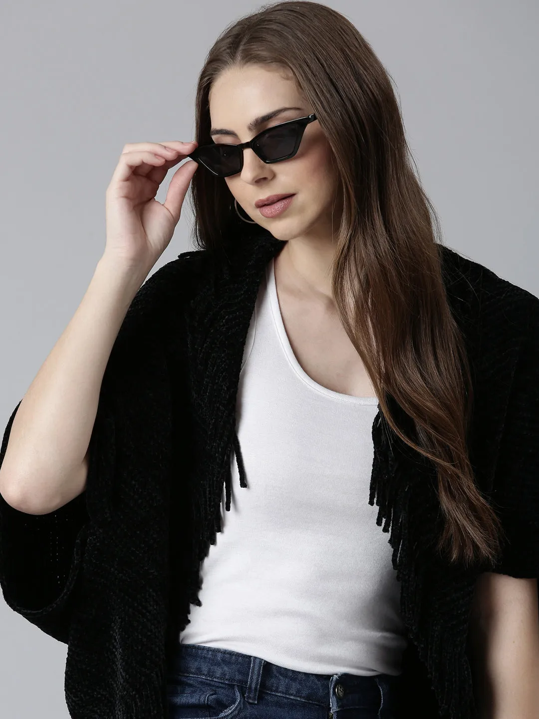 Women's Black Ribbed Fringed Detail Poncho EcoFriendly Dyeing