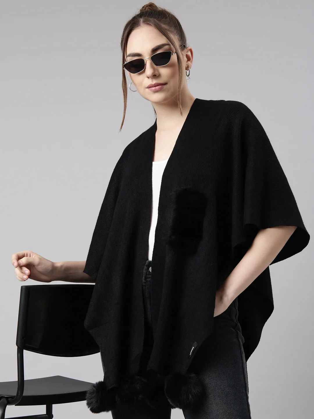 Women's Black Shawl Collar Front Open Poncho Street Casual Chill Proof