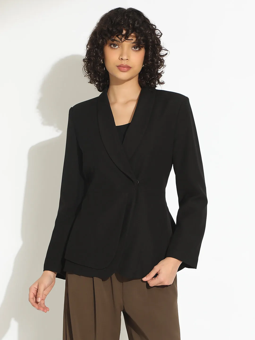 Long Sleeves Women's Black Single-Breasted Blazer with Tie-Up Waist