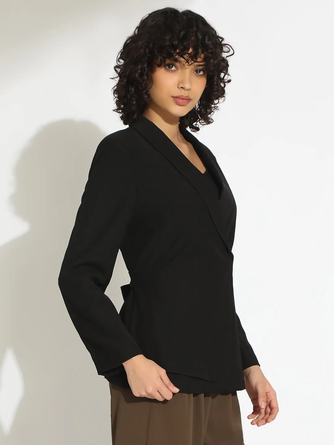 Anytime Outer Fit Women's Black Single-Breasted Blazer with Tie-Up Waist