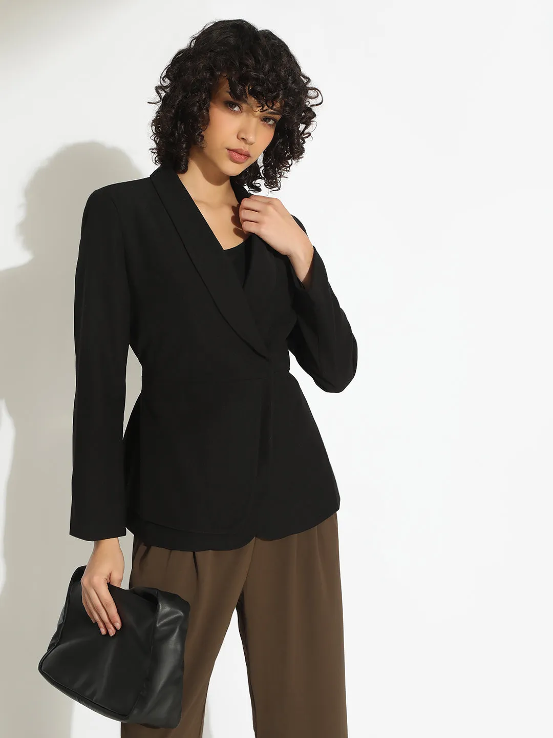 Neutral Style Women's Black Single-Breasted Blazer with Tie-Up Waist