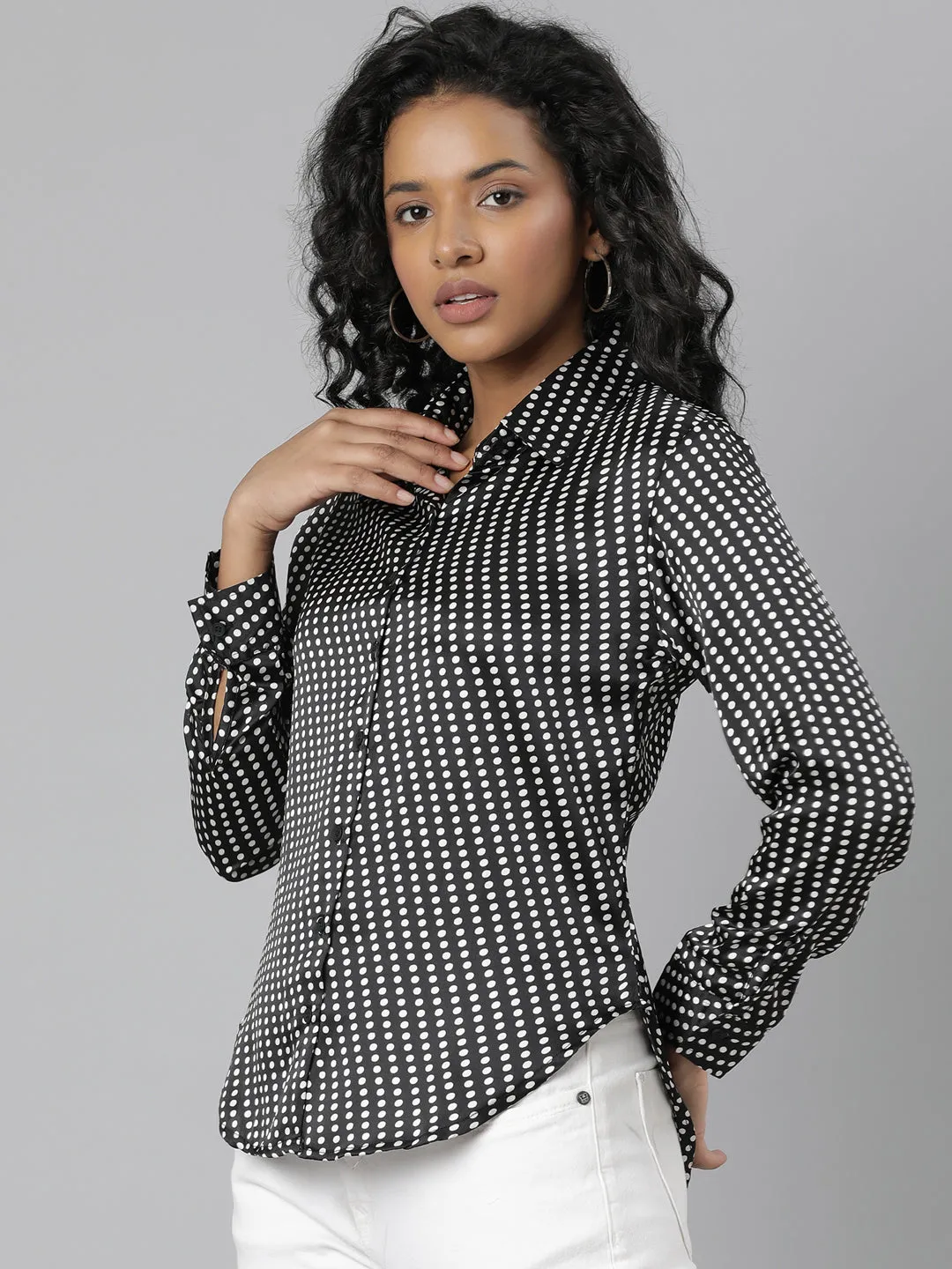 Women's Black Slim Fit Polka Dots Printed Satin Casual Shirt OdorResistantTechnology Light and Breathable