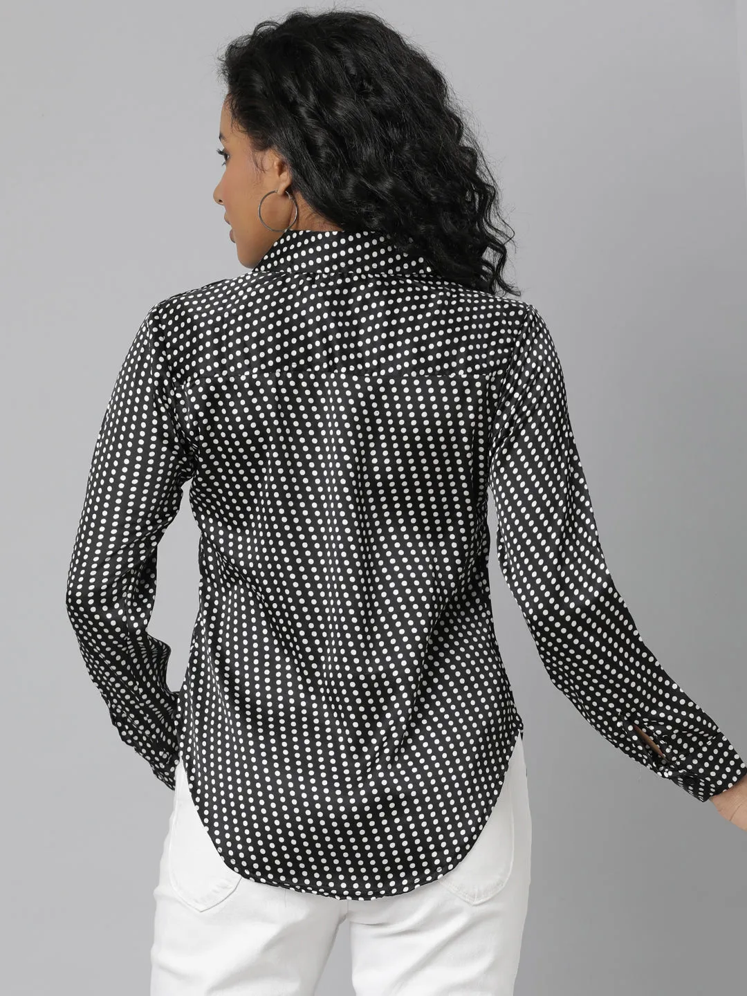 Women's Black Slim Fit Polka Dots Printed Satin Casual Shirt warm weather